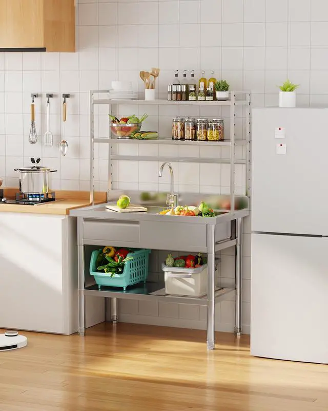 Alt view image 2 of 6 - Stainless Steel Utility Sink with Shelves, Free Standing Single Bowl Commercial Kitchen Sinks with Drawer & Water Pipes, Stainless Steel Prep Table Countertop Workbench for Home Restaurant