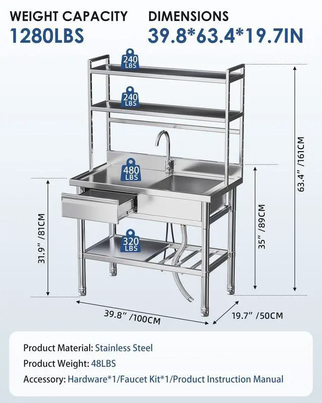 Alt view image 3 of 6 - Stainless Steel Utility Sink with Shelves, Free Standing Single Bowl Commercial Kitchen Sinks with Drawer & Water Pipes, Stainless Steel Prep Table Countertop Workbench for Home Restaurant
