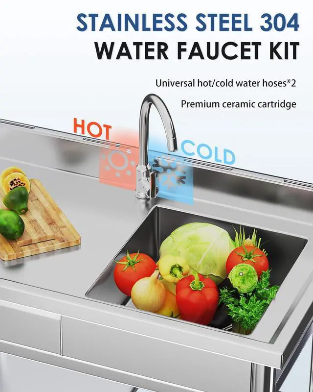 Alt view image 4 of 6 - Stainless Steel Utility Sink with Shelves, Free Standing Single Bowl Commercial Kitchen Sinks with Drawer & Water Pipes, Stainless Steel Prep Table Countertop Workbench for Home Restaurant