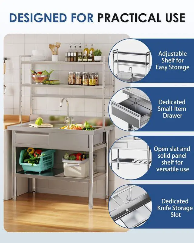 Alt view image 5 of 6 - Stainless Steel Utility Sink with Shelves, Free Standing Single Bowl Commercial Kitchen Sinks with Drawer & Water Pipes, Stainless Steel Prep Table Countertop Workbench for Home Restaurant
