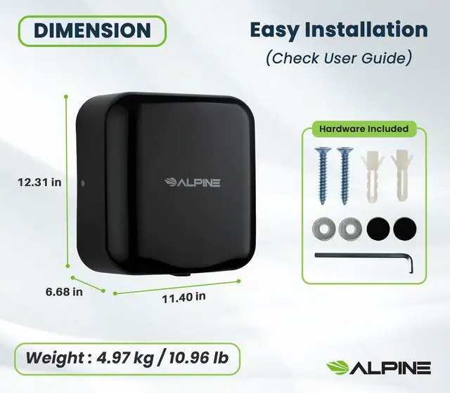 Alt view image 6 of 6 - Commercial Automatic Hand Dryer - High Speed Air Hand Dryer for Home, Restaurant, Bathroom, and High Traffic Areas. 1800 Watts / 110-120 Volts (Black)