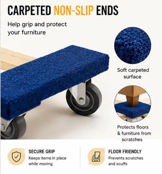 Alt view image 3 of 6 - Furniture Dolly 30" x 18" I 4 Wheels Heavy Duty Moving Dollies | Fully Assembled Wooden Moving Cart with Large Wheel Casters Heavy Duty Dolly Cart | 1,000 lbs Capacity | Pack of 2