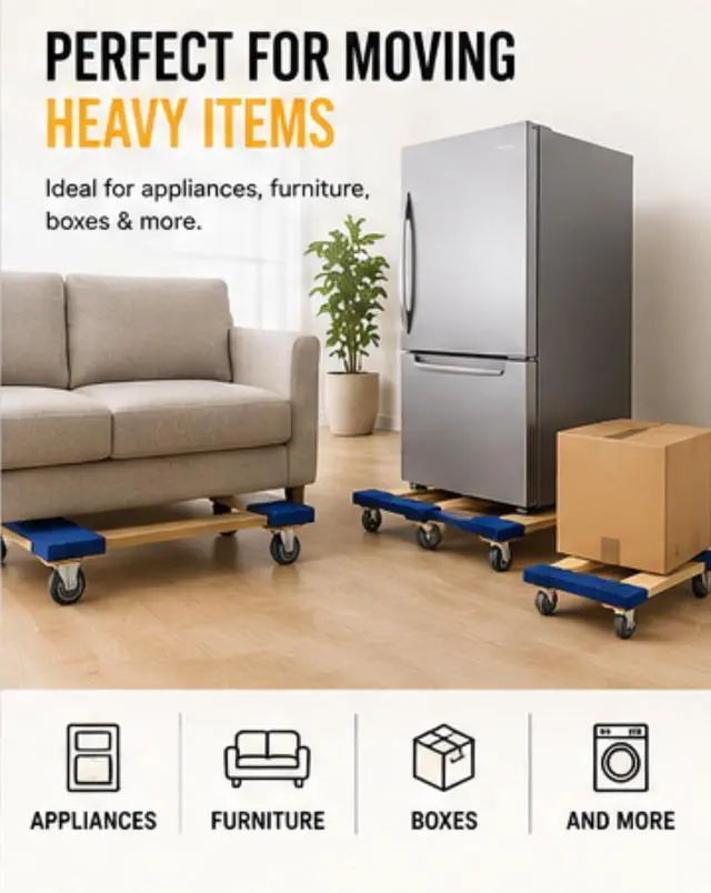 Alt view image 6 of 6 - Furniture Dolly 30" x 18" I 4 Wheels Heavy Duty Moving Dollies | Fully Assembled Wooden Moving Cart with Large Wheel Casters Heavy Duty Dolly Cart | 1,000 lbs Capacity | Pack of 2