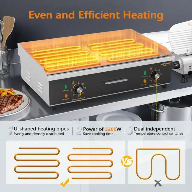Alt view image 3 of 6 - 26" Electric Griddle, Electric Countertop Half Flat Top Griddle, 3200W Grill Stainless Steel with Adjustable Temperature Control 122°F-572°F for Commercial Home Restaurant, Plug