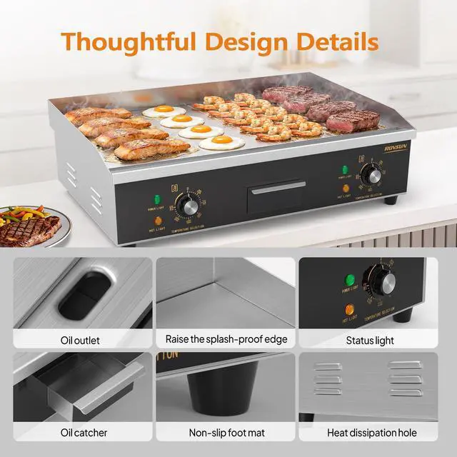 Alt view image 4 of 6 - 26" Electric Griddle, Electric Countertop Half Flat Top Griddle, 3200W Grill Stainless Steel with Adjustable Temperature Control 122°F-572°F for Commercial Home Restaurant, Plug