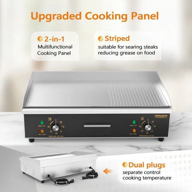 Alt view image 5 of 6 - 26" Electric Griddle, Electric Countertop Half Flat Top Griddle, 3200W Grill Stainless Steel with Adjustable Temperature Control 122°F-572°F for Commercial Home Restaurant, Plug