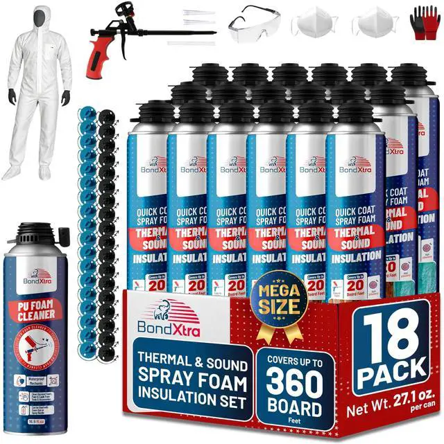 Main image of Spray Foam Insulation Kit (18 x 32.80 oz/930 gr - 480 Board feet), Self-Expanding Adhesive Foam, Closed Cell Heat Insulation & Acustic Spray with Cleaner and Dispensing Gun - 18 Pack