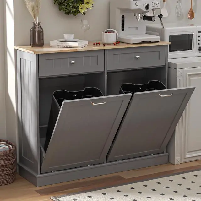 Main image of Double Tilt Out Trash Cabinet Kitchen Island,Laundry Hamper Pull Out Trash Can Cabinet 2X13 Gallon Freestanding Pet Proof Trash Can Garbage Can Holder for Living Room Dining Room,Grey