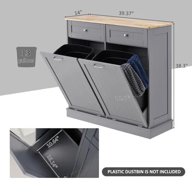 Alt view image 3 of 6 - Double Tilt Out Trash Cabinet Kitchen Island,Laundry Hamper Pull Out Trash Can Cabinet 2X13 Gallon Freestanding Pet Proof Trash Can Garbage Can Holder for Living Room Dining Room,Grey
