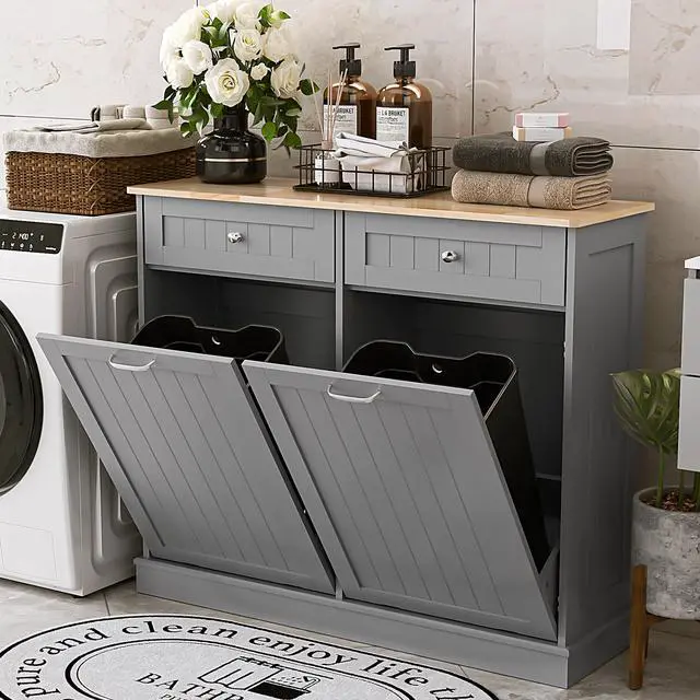 Alt view image 5 of 6 - Double Tilt Out Trash Cabinet Kitchen Island,Laundry Hamper Pull Out Trash Can Cabinet 2X13 Gallon Freestanding Pet Proof Trash Can Garbage Can Holder for Living Room Dining Room,Grey
