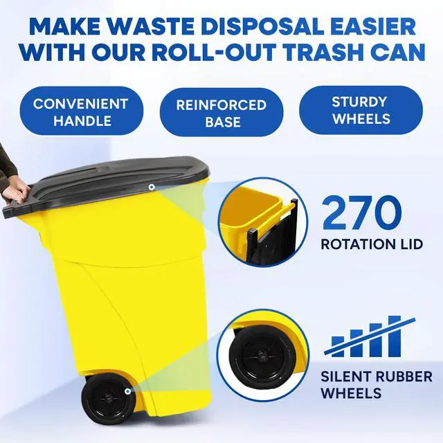 Alt view image 2 of 6 - 50 Gallon Trash Can, Yellow Outdoor Garbage Can, Large Outside Trash Bin, Rolling Commercial Container Outdoor Trash Can with Lid and Wheels for Back of House, Office, Warehouse, Garage