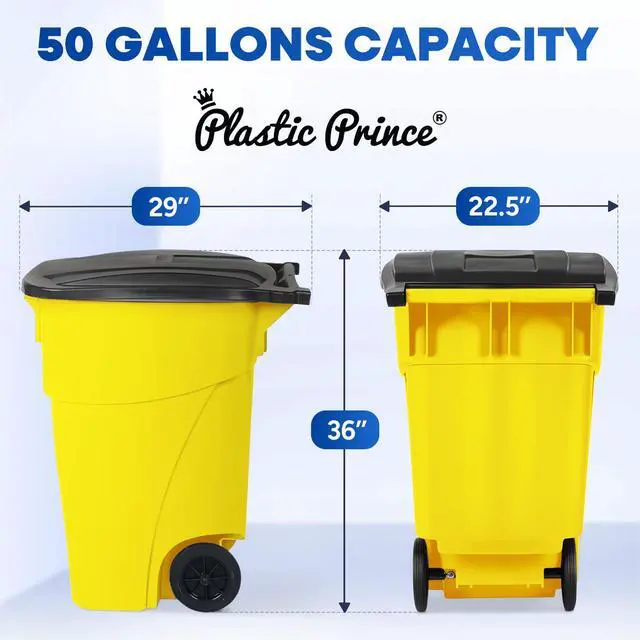 Alt view image 6 of 6 - 50 Gallon Trash Can, Yellow Outdoor Garbage Can, Large Outside Trash Bin, Rolling Commercial Container Outdoor Trash Can with Lid and Wheels for Back of House, Office, Warehouse, Garage