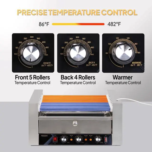 Alt view image 3 of 6 - Hot Dog Roller, 24 Hot Dog 9 Rollers ETL Certified, Hot Dog Machine with Bun Warmer, Dual Temp Control, Glass Cover, LED, Side Storage Box, Shelf & Drip Tray for Party Home Commercial 1500W