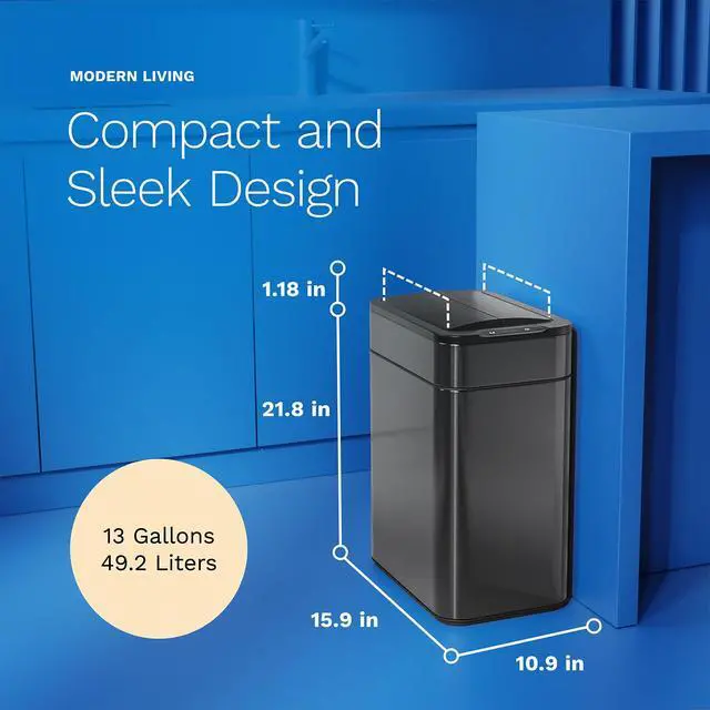 Alt view image 2 of 6 - 13 Gallon Kitchen Trash Can - Retractable Automatic Sensor Butterfly Lid, Space-Saving Design, Easy to Clean, Battery-Operated with Batteries Included - Dark Stainless Steel