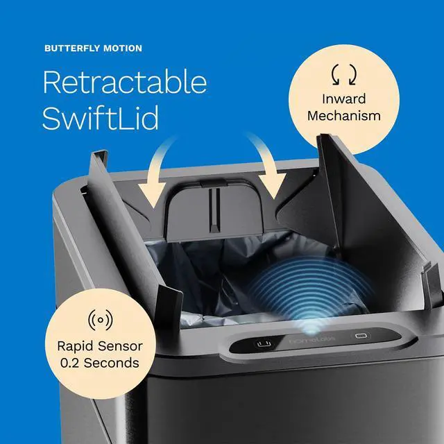 Alt view image 3 of 6 - 13 Gallon Kitchen Trash Can - Retractable Automatic Sensor Butterfly Lid, Space-Saving Design, Easy to Clean, Battery-Operated with Batteries Included - Dark Stainless Steel