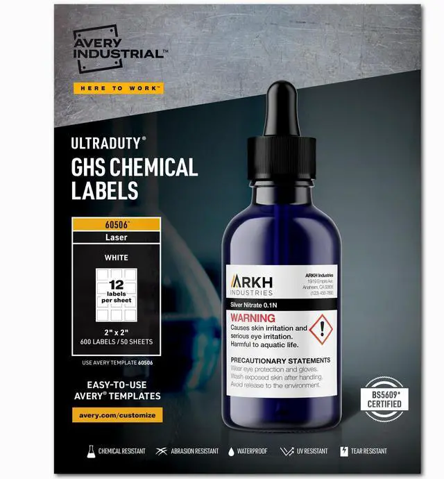 Main image of UltraDuty GHS Chemical Labels for Laser Printers, Waterproof, UV Resistant, 2 x 2, 5 Packs (60506)