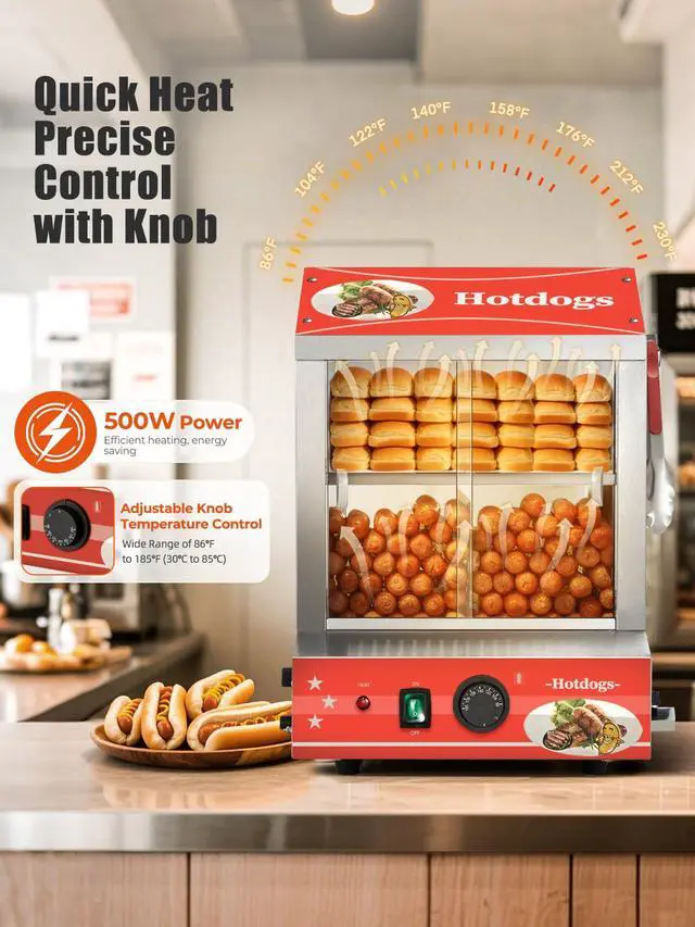 Alt view image 2 of 6 - Hot Dog Steamer 28.5QT, 2-Tier Hot Dog Machine with Bun Warmer, 175 Hot Dogs & 40 Buns Capacity, Electric Hot Dog Bun Warmer with Visible Glass Sliding Door & Clip, 86-185 Temperature Control