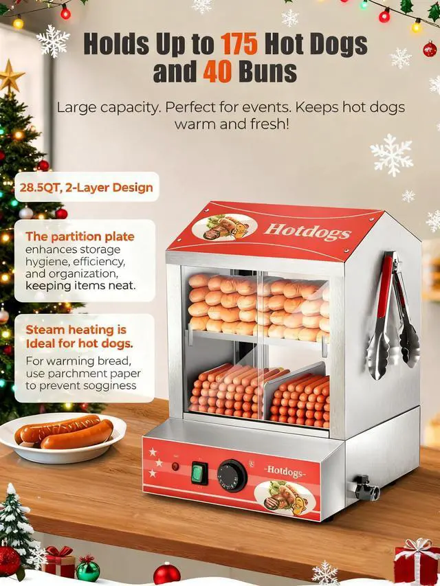 Alt view image 3 of 6 - Hot Dog Steamer 28.5QT, 2-Tier Hot Dog Machine with Bun Warmer, 175 Hot Dogs & 40 Buns Capacity, Electric Hot Dog Bun Warmer with Visible Glass Sliding Door & Clip, 86-185 Temperature Control