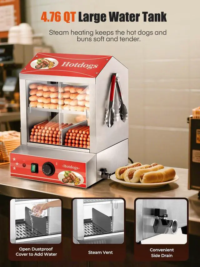 Alt view image 4 of 6 - Hot Dog Steamer 28.5QT, 2-Tier Hot Dog Machine with Bun Warmer, 175 Hot Dogs & 40 Buns Capacity, Electric Hot Dog Bun Warmer with Visible Glass Sliding Door & Clip, 86-185 Temperature Control