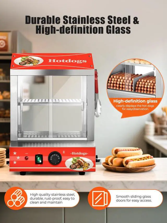 Alt view image 5 of 6 - Hot Dog Steamer 28.5QT, 2-Tier Hot Dog Machine with Bun Warmer, 175 Hot Dogs & 40 Buns Capacity, Electric Hot Dog Bun Warmer with Visible Glass Sliding Door & Clip, 86-185 Temperature Control
