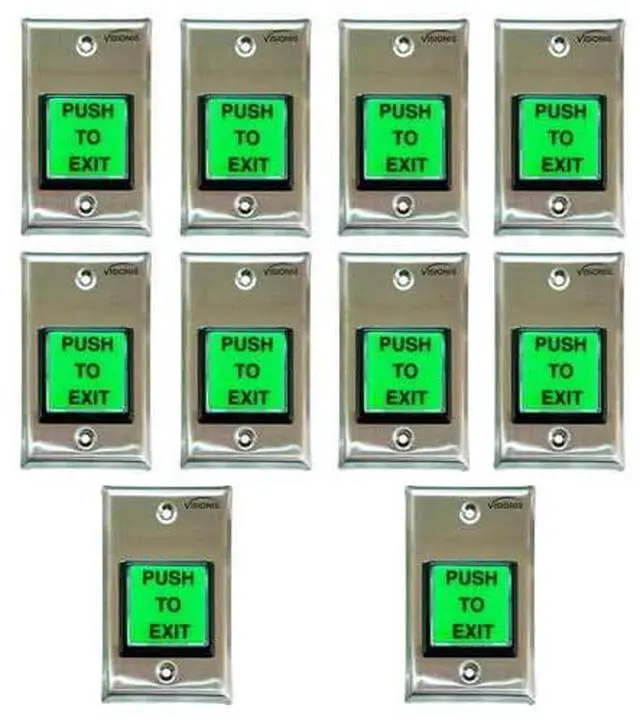Main image of 10 Pack FPC-7495 VIS-7000 Green Square Push to Exit Button Stainless Steel for Door Access Control with LED Light, NC, COM and NO Outputs