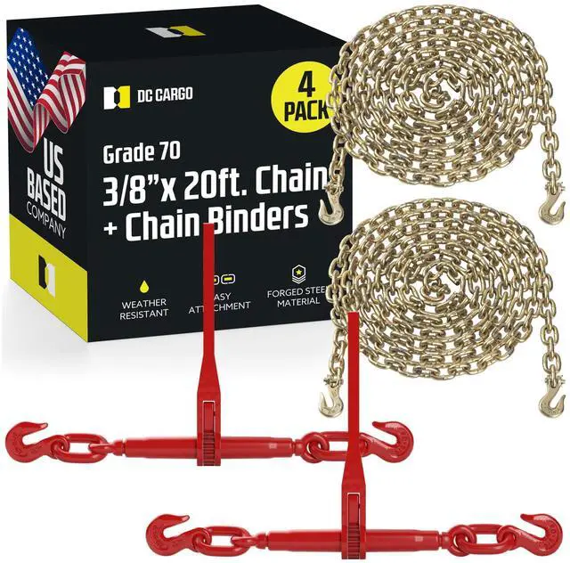 Main image of DC Cargo Chain Binder Kit (2 Sets) | 3/8" Grade 70 Extra Long 20 Foot Chain - and Load Binder Set | Heavy Duty Ratcheting Chain and Binder | Load Chain and Binders 6,600lb Working Load Limit As Set