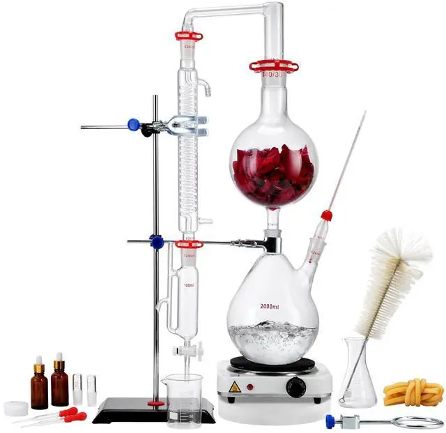 Main image of Essential Oil Distillation Equipment, 2L Capacity, Made with 3.3 Borosilicate Lab-Quality Glass, Includes a 1000W Heater and 24/40 Joint Connections, Comprehensive 28-Piece Kit