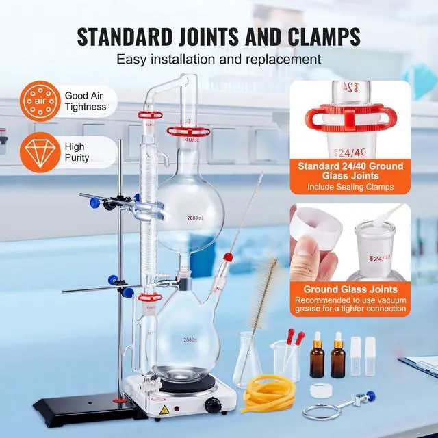 Alt view image 4 of 6 - Essential Oil Distillation Equipment, 2L Capacity, Made with 3.3 Borosilicate Lab-Quality Glass, Includes a 1000W Heater and 24/40 Joint Connections, Comprehensive 28-Piece Kit