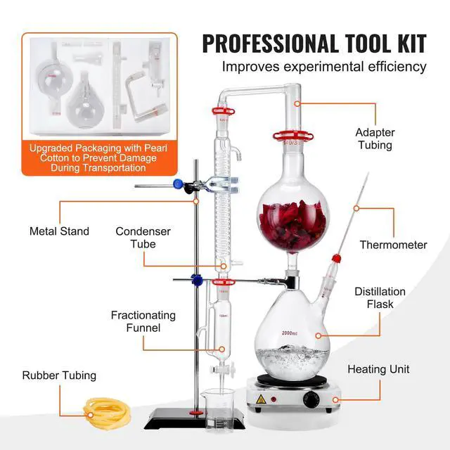 Alt view image 6 of 6 - Essential Oil Distillation Equipment, 2L Capacity, Made with 3.3 Borosilicate Lab-Quality Glass, Includes a 1000W Heater and 24/40 Joint Connections, Comprehensive 28-Piece Kit