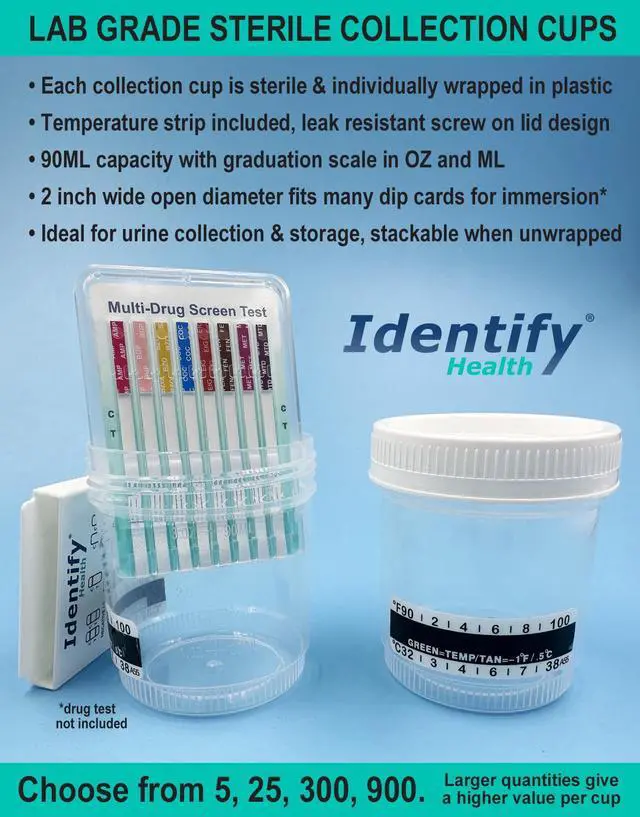 Alt view image 2 of 5 - Sterile Urine Specimen Cups with Lids | 300 Pack | 90 ML Individually Wrapped Urine Collection, Temperature Strip, Graduation Scale
