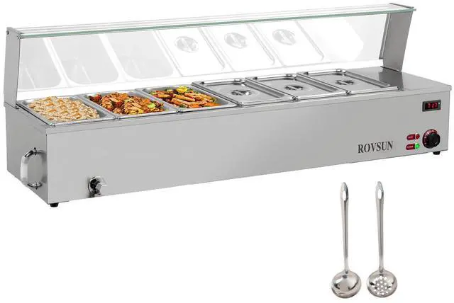 Main image of 48QT Electric Commercial Food Warmer, 6-Pan Steam Table 8QT/Pan Stainless Steel Bain Marie Countertop w/Glass Shield Temperature Control & Lid for Buffet Restaurant 110V 1500W