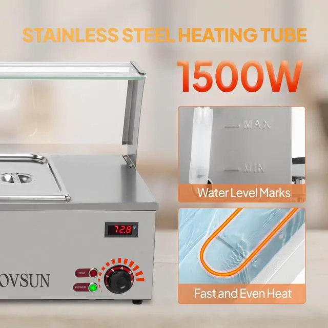 Alt view image 2 of 6 - 48QT Electric Commercial Food Warmer, 6-Pan Steam Table 8QT/Pan Stainless Steel Bain Marie Countertop w/Glass Shield Temperature Control & Lid for Buffet Restaurant 110V 1500W