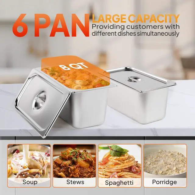 Alt view image 4 of 6 - 48QT Electric Commercial Food Warmer, 6-Pan Steam Table 8QT/Pan Stainless Steel Bain Marie Countertop w/Glass Shield Temperature Control & Lid for Buffet Restaurant 110V 1500W