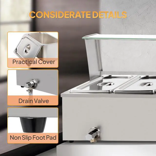 Alt view image 6 of 6 - 48QT Electric Commercial Food Warmer, 6-Pan Steam Table 8QT/Pan Stainless Steel Bain Marie Countertop w/Glass Shield Temperature Control & Lid for Buffet Restaurant 110V 1500W