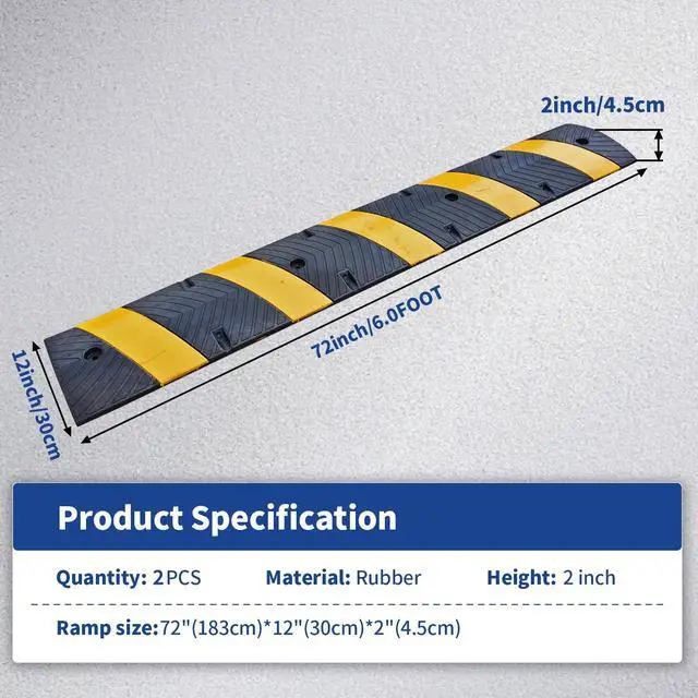 Alt view image 2 of 6 - Rubber Speed Bumps for Driveway, 2 Pack 72" Speed Bump 2" High Heavy Duty Speed Humps for Road & Parking Lot, Portable Speed Bump with Reflectors, Bolts & Cable Channel (2PACK 72 in)