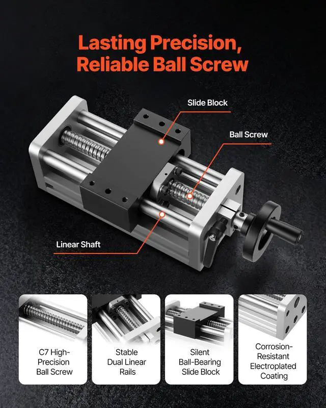 Alt view image 3 of 6 - Linear Stage Actuator, 100 mm Effective Stroke, Ball Screw CNC Linear Motion Guide Rail, Double Optical Axis, C7 High-Precision, Bearing Slide Block, Manual Handwheel, for CNC Router X Y Z Axis