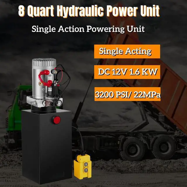 Alt view image 2 of 6 - 12V Hydraulic Pump for Dump Trailers, 8 Quart Single Acting Hydraulic Power Unit, 3200 PSI Max, 0.91 GPM, with SAE 6 Ports for Car Lifting & Hydraulic Systems