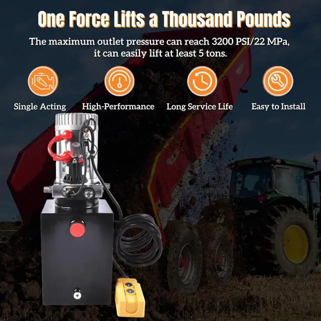 Alt view image 3 of 6 - 12V Hydraulic Pump for Dump Trailers, 8 Quart Single Acting Hydraulic Power Unit, 3200 PSI Max, 0.91 GPM, with SAE 6 Ports for Car Lifting & Hydraulic Systems