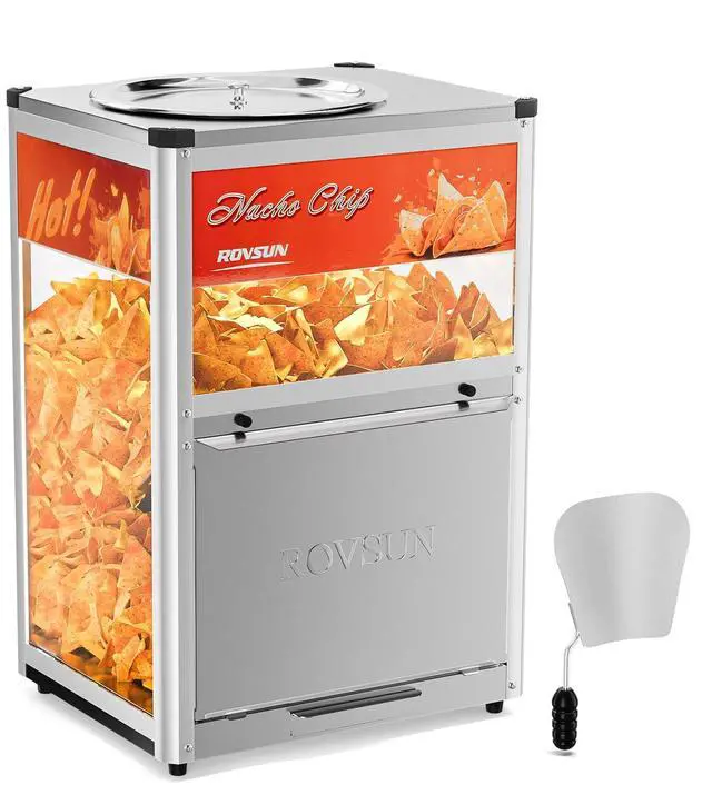 Main image of Nacho Machine Food Warmer, Nacho Chip Warmer Countertop Display Case with Warming Light, Removable Deflection, Glass Door, Scoop for Nacho Chips Peanuts Popcorn Stainless Steel