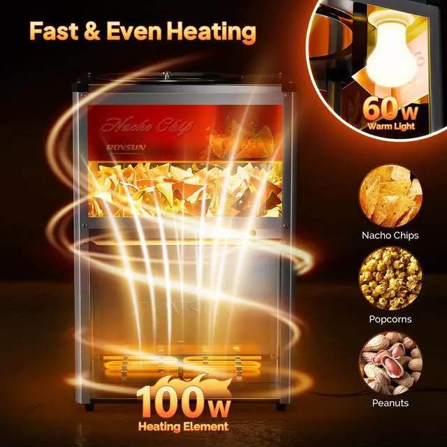 Alt view image 3 of 6 - Nacho Machine Food Warmer, Nacho Chip Warmer Countertop Display Case with Warming Light, Removable Deflection, Glass Door, Scoop for Nacho Chips Peanuts Popcorn Stainless Steel