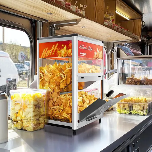 Alt view image 6 of 6 - Nacho Machine Food Warmer, Nacho Chip Warmer Countertop Display Case with Warming Light, Removable Deflection, Glass Door, Scoop for Nacho Chips Peanuts Popcorn Stainless Steel