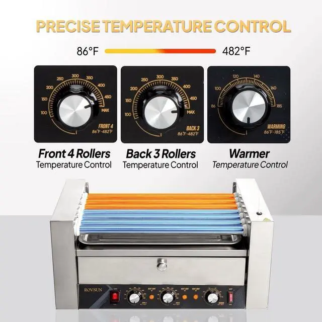 Alt view image 3 of 6 - Hot Dog Roller, 18 Hot Dog 7 Rollers ETL Certified, Hot Dog Machine with Bun Warmer, Dual Temp Control, Glass Cover, LED, Side Storage Box, Shelf & Drip Tray for Home Commercial 1200W