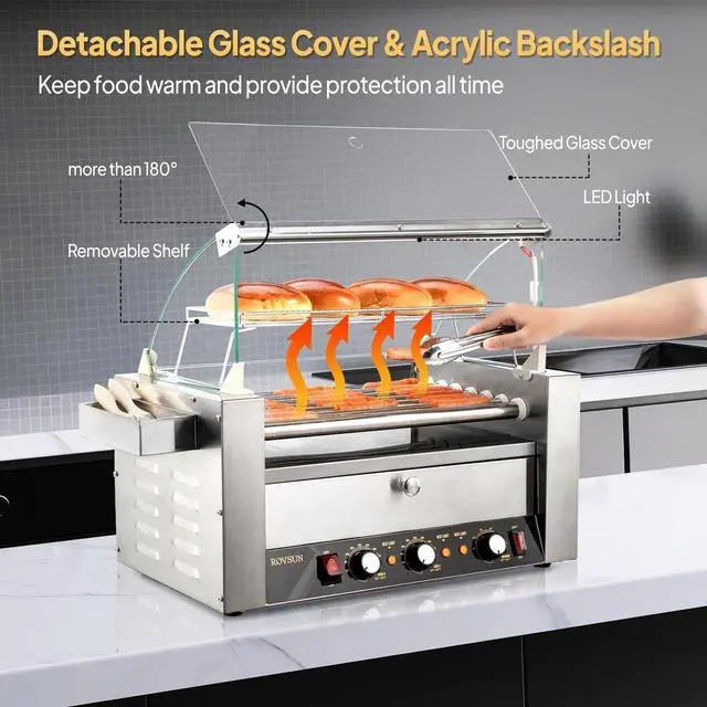 Alt view image 4 of 6 - Hot Dog Roller, 18 Hot Dog 7 Rollers ETL Certified, Hot Dog Machine with Bun Warmer, Dual Temp Control, Glass Cover, LED, Side Storage Box, Shelf & Drip Tray for Home Commercial 1200W