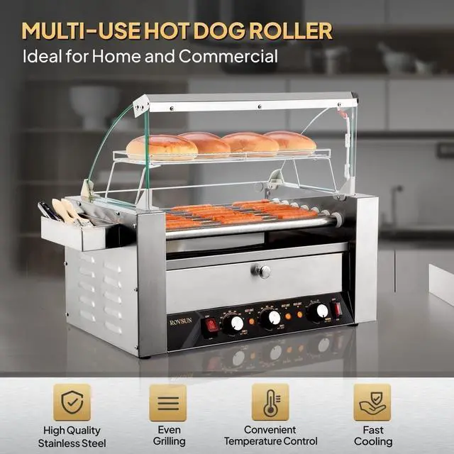 Alt view image 6 of 6 - Hot Dog Roller, 18 Hot Dog 7 Rollers ETL Certified, Hot Dog Machine with Bun Warmer, Dual Temp Control, Glass Cover, LED, Side Storage Box, Shelf & Drip Tray for Home Commercial 1200W