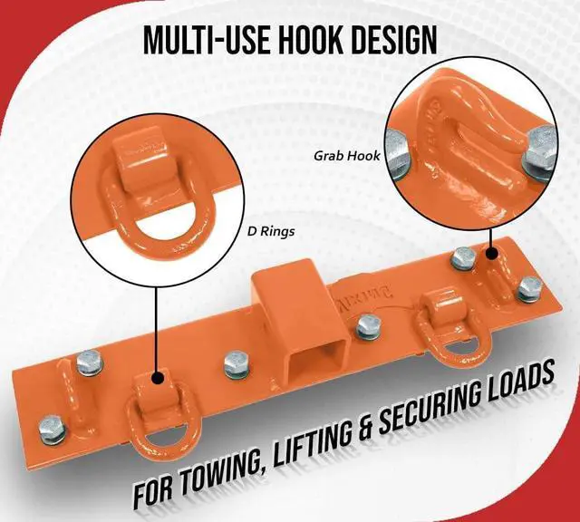 Alt view image 4 of 6 - 4 Pack 5-1/2"x22" Orange Tractor Bucket Grab Hooks Bolt 2" Hitch Receiver for Deere 1025R 2320 2520 2720 2025R 2038R 3032E 4010 Tractor Bolt-on Plate w/D-Ring & Grab Hooks - 4,700 lbs