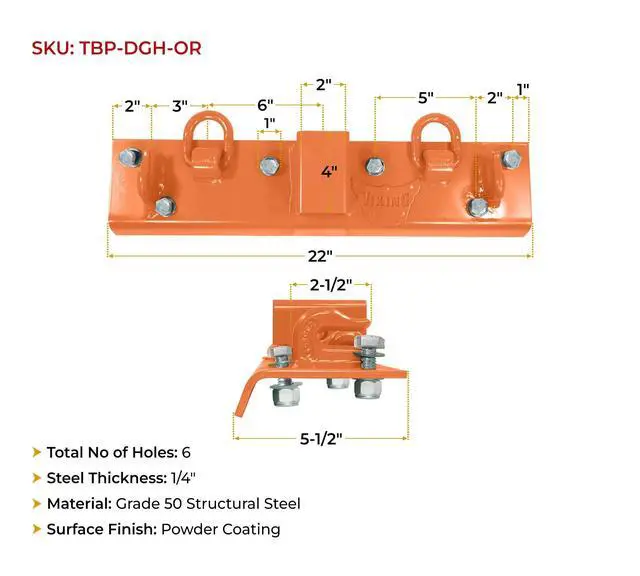 Alt view image 6 of 6 - 4 Pack 5-1/2"x22" Orange Tractor Bucket Grab Hooks Bolt 2" Hitch Receiver for Deere 1025R 2320 2520 2720 2025R 2038R 3032E 4010 Tractor Bolt-on Plate w/D-Ring & Grab Hooks - 4,700 lbs