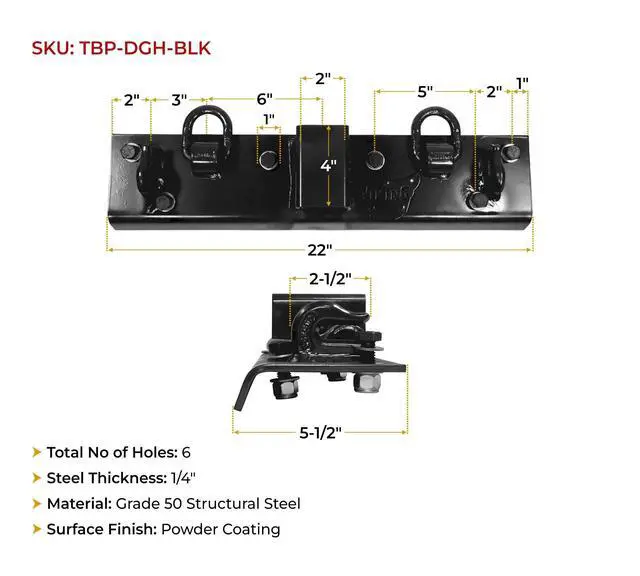 Alt view image 3 of 6 - 4 Pack 5-1/2"x22" Black Tractor Bucket Grab Hooks Bolt 2" Hitch Receiver for Deere 1025R 2320 2520 2025R 2032R 2038R 3032E 4010 Tractor Bolt-on Plate w/D-Ring & Grab Hooks - 4,700 lbs