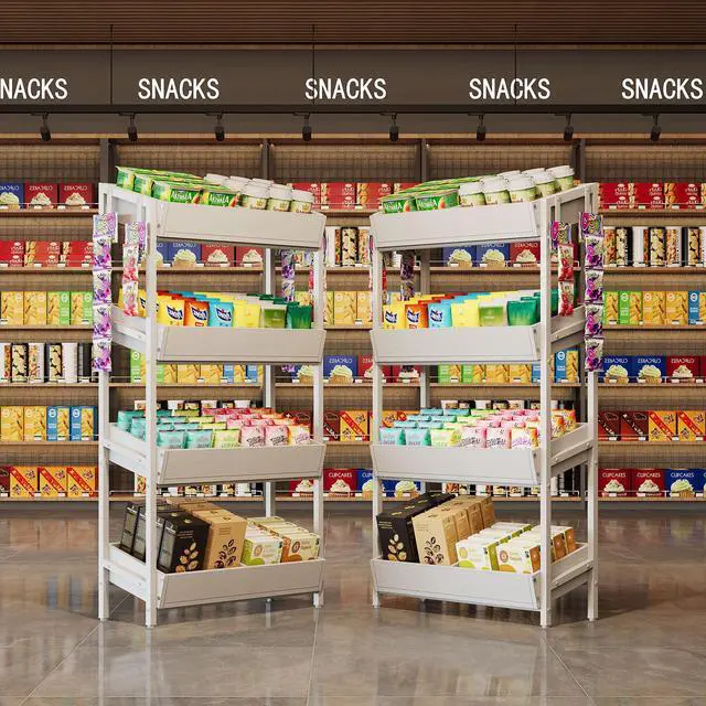 Alt view image 3 of 6 - 4-Tier Retail Display Rack Stand, Wooden Snack Candy Rack, Wood Chips Shelf, Chips Rack Display, Heavy-Duty Wood Metal Concession Stands,Storage Shelf Organizer for Potato Chip (2, White)