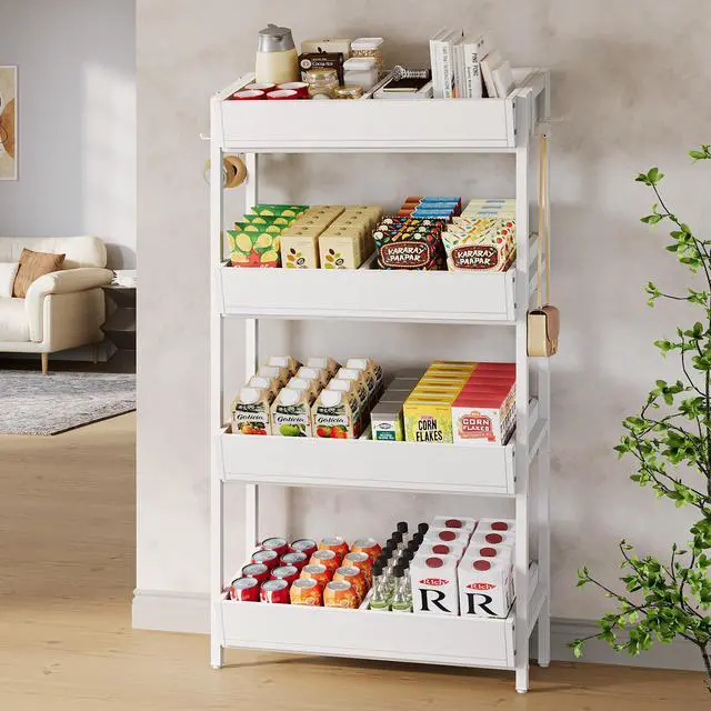 Alt view image 5 of 6 - 4-Tier Retail Display Rack Stand, Wooden Snack Candy Rack, Wood Chips Shelf, Chips Rack Display, Heavy-Duty Wood Metal Concession Stands,Storage Shelf Organizer for Potato Chip (2, White)