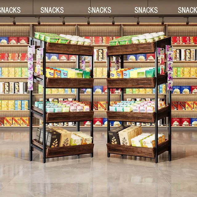 Alt view image 3 of 6 - 4-Tier Retail Display Rack Stand, Wooden Snack Candy Rack, Storage Shelf Organizer with Heavy-Duty Metal Frame, Easy Assembly (2, Brown)